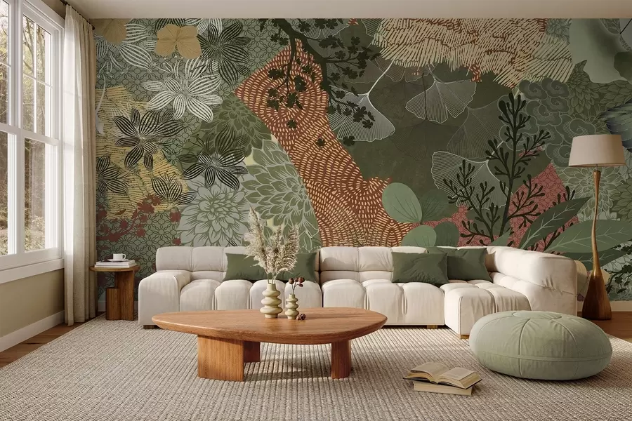 wall murals Апстрактни текстурирани колаж ботаничких елемената са лишћем, цвећем и органским текстурама, у нијансама зелене, браон w09545