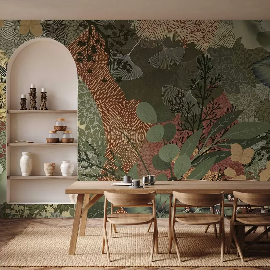 wall murals Апстрактни текстурирани колаж ботаничких елемената са лишћем, цвећем и органским текстурама, у нијансама зелене, браон w09545