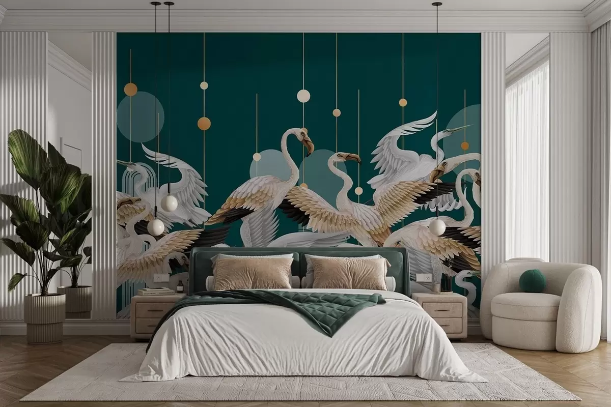 wall murals Јато белих фламинга са нежним крилима, на тамнозеленој позадини са жутим линијама и круговима w09546