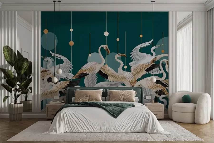 wall murals Јато белих фламинга са нежним крилима, на тамнозеленој позадини са жутим линијама и круговима w09546