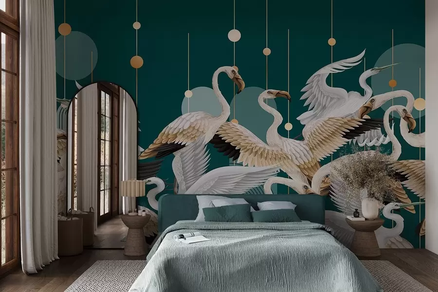 wall murals Јато белих фламинга са нежним крилима, на тамнозеленој позадини са жутим линијама и круговима w09546