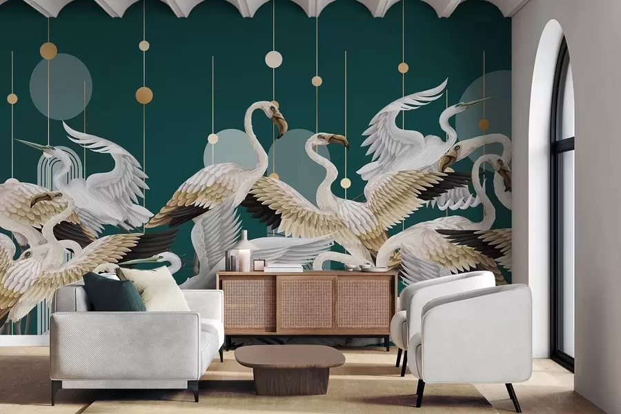 wall murals Јато белих фламинга са нежним крилима, на тамнозеленој позадини са жутим линијама и круговима w09546