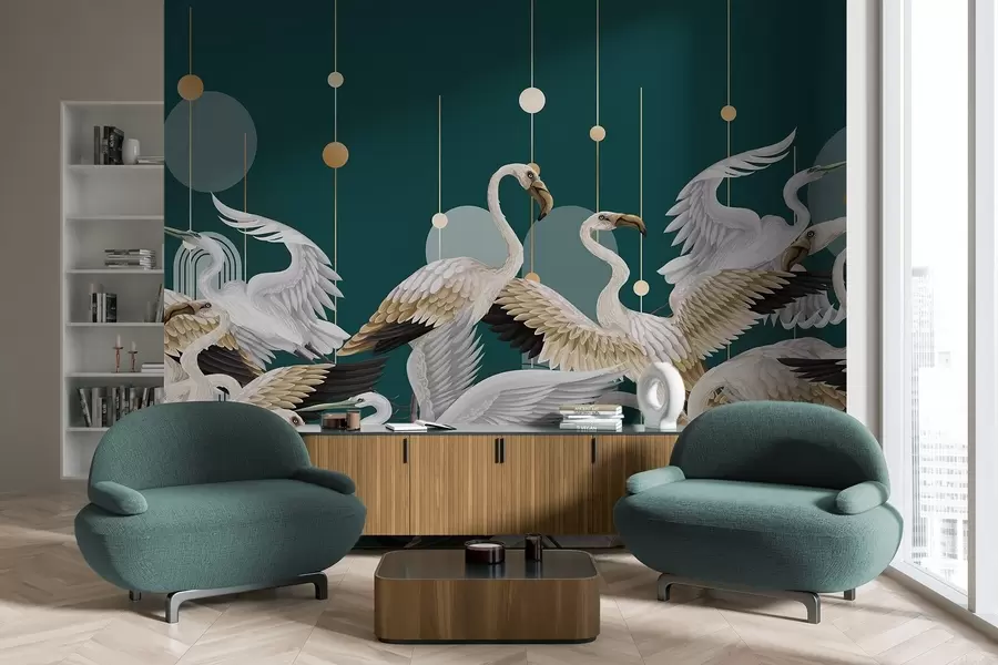 wall murals Јато белих фламинга са нежним крилима, на тамнозеленој позадини са жутим линијама и круговима w09546