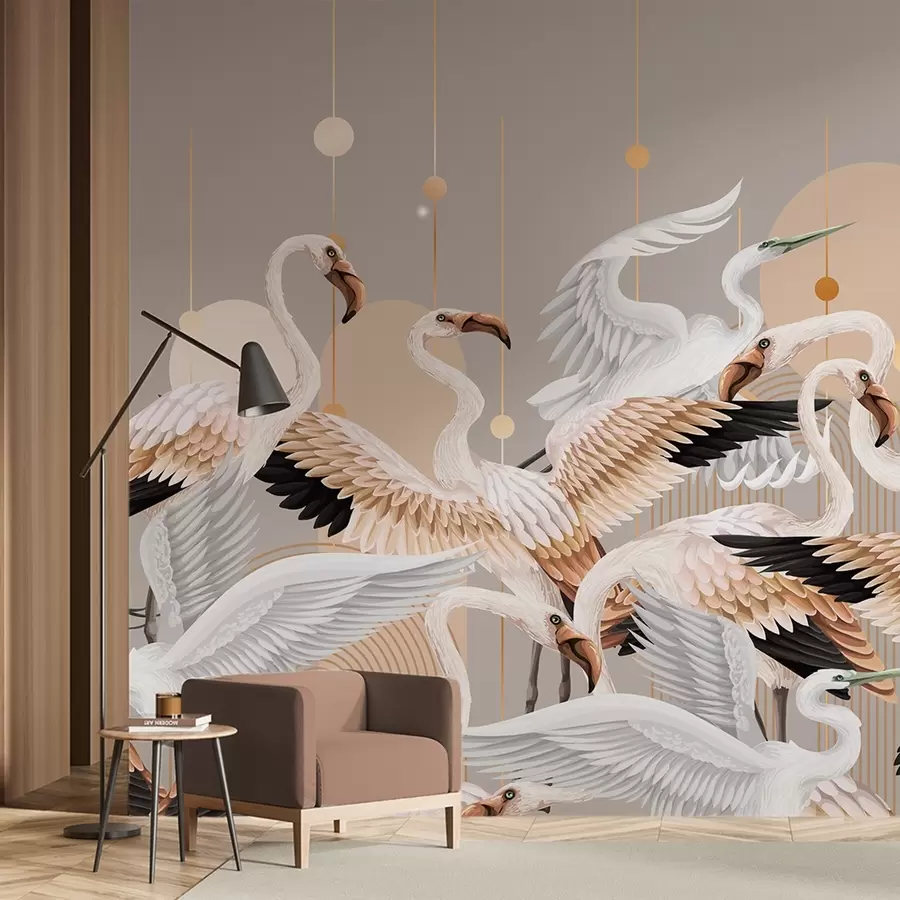 wall murals Јато белих фламинга са нежним крилима, на неутралној позадини са жутим линијама и круговима w09546v1