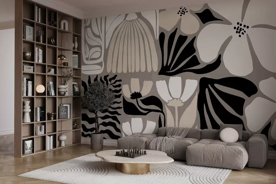 wall murals Модерно минималистичко стилизовано цвеће и лишће у беж, црној и белој боји, текстурирано на сивој позадини w09547