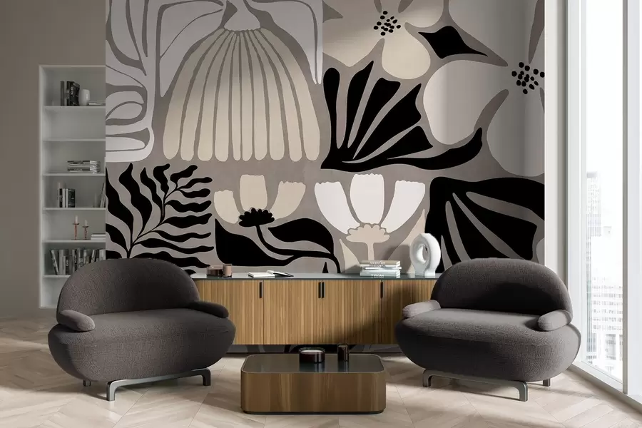 wall murals Модерно минималистичко стилизовано цвеће и лишће у беж, црној и белој боји, текстурирано на сивој позадини w09547