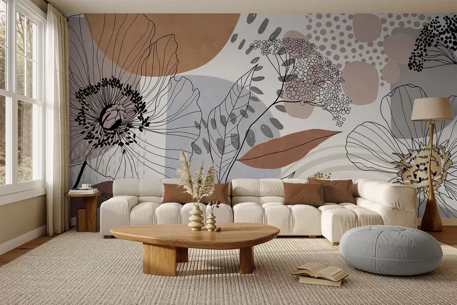 wall murals Апстрактни цветни текстурирани отисак са линијском уметношћу цвећа, лишћа и органских облика у пригушеним смеђим, беж и сивим тоновима w09548