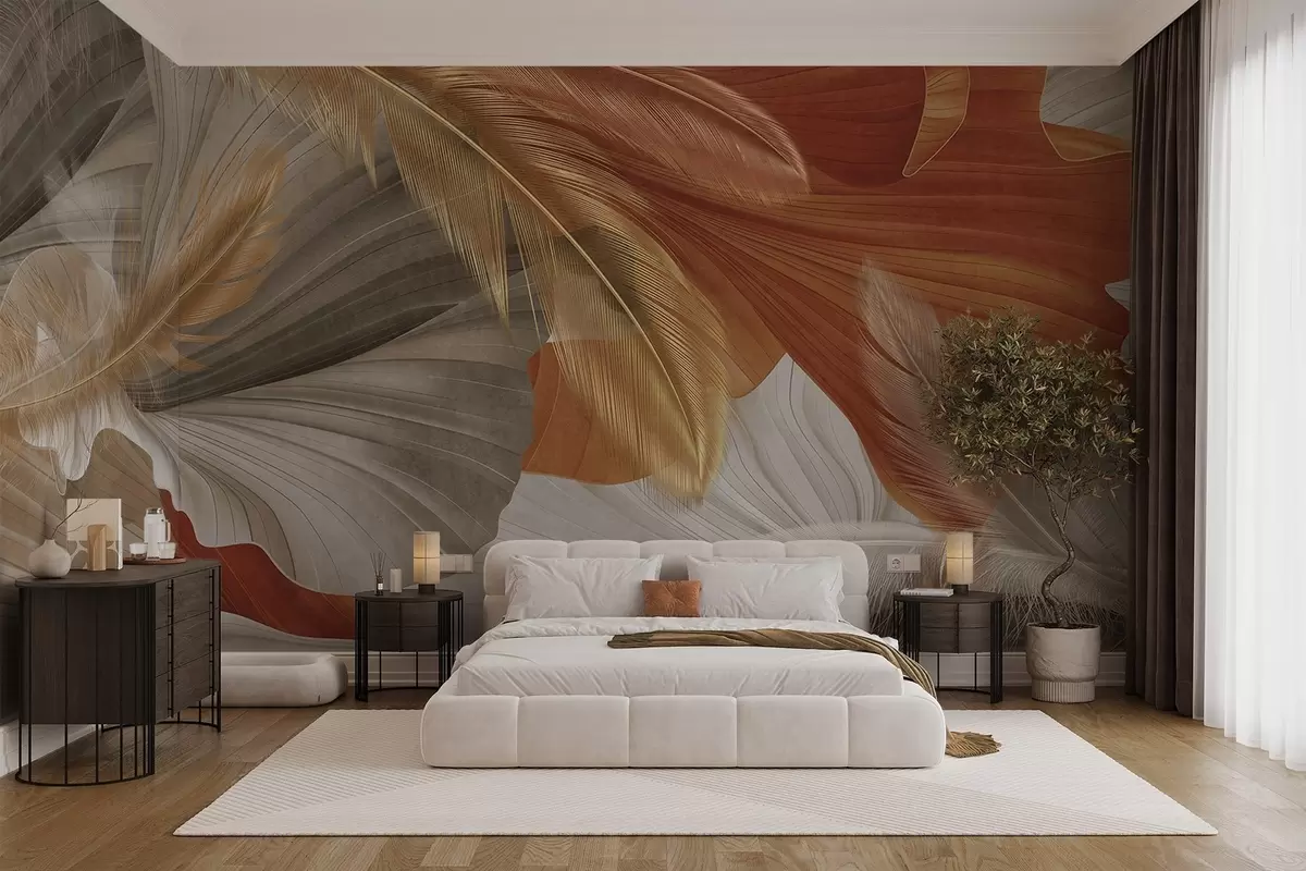 wall murals Апстрактни текстурирани велики течни облици у крем и рђастим бојама са нежним, жутим, беж и смеђим перјем w09549