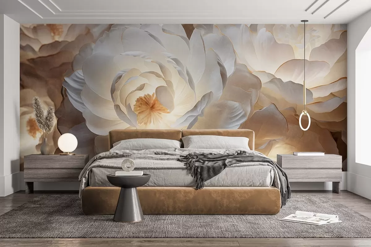 wall murals Велики, бели цветови фантастичног божура са жутим средиштем, меким осветљењем и нежним, текстурираним слојевитим латицама w09550