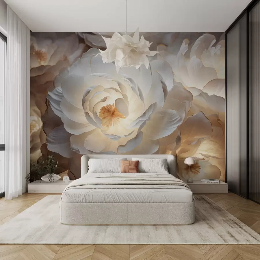 wall murals Велики, бели цветови фантастичног божура са жутим средиштем, меким осветљењем и нежним, текстурираним слојевитим латицама w09550