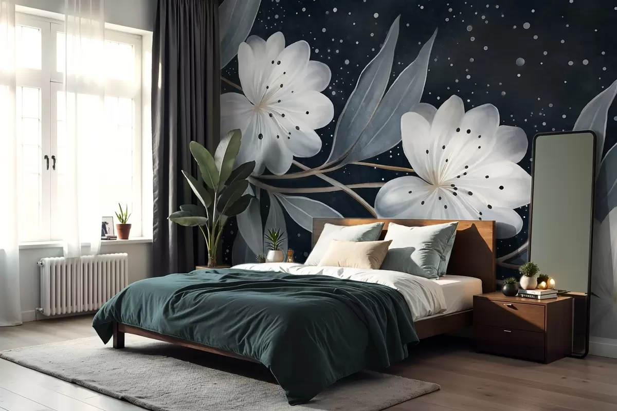 wall murals Бели цветови са фантастичном текстуром, окружени плаво-зеленим листовима и гранама на тамној позадини w09551