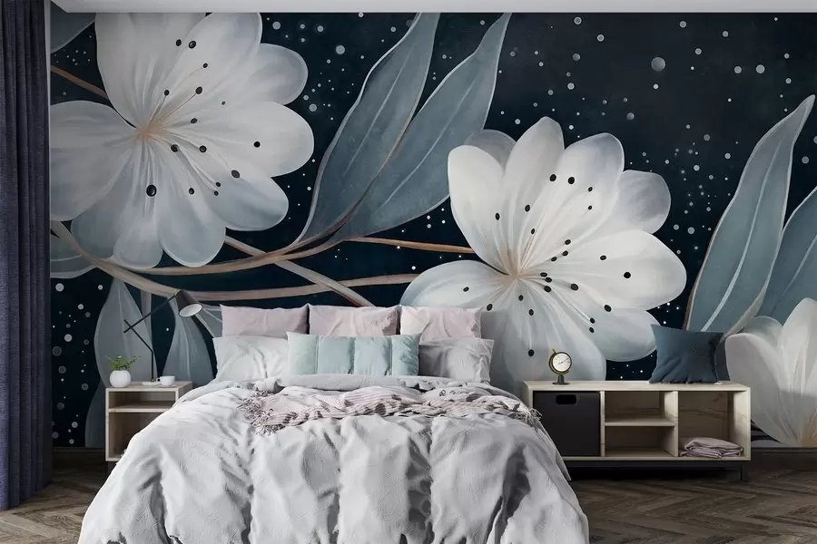 wall murals Бели цветови са фантастичном текстуром, окружени плаво-зеленим листовима и гранама на тамној позадини w09551