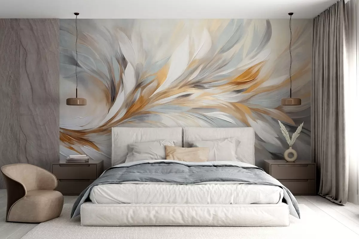 wall murals Апстрактни стил сликања са белим, жутим и сивим текстурираним потезима четкице са меком, светлом позадином w09552