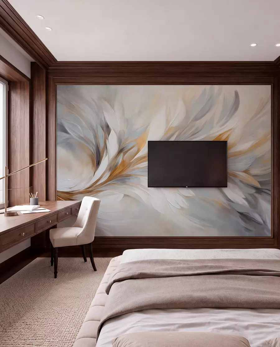 wall murals Апстрактни стил сликања са белим, жутим и сивим текстурираним потезима четкице са меком, светлом позадином w09552