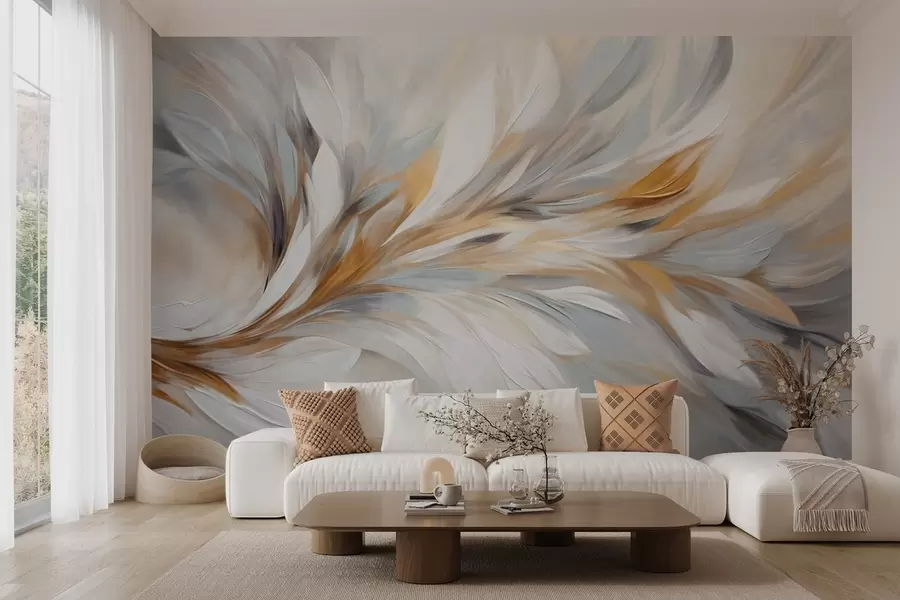 wall murals Апстрактни стил сликања са белим, жутим и сивим текстурираним потезима четкице са меком, светлом позадином w09552