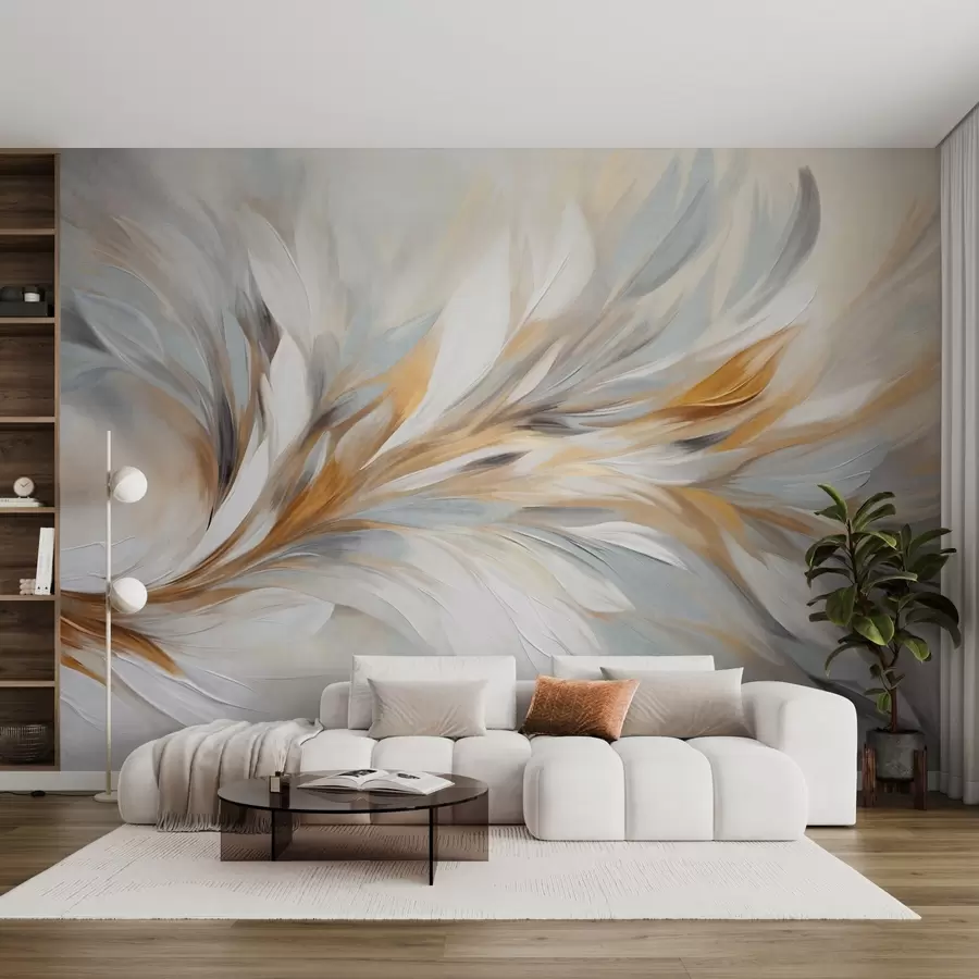 wall murals Апстрактни стил сликања са белим, жутим и сивим текстурираним потезима четкице са меком, светлом позадином w09552