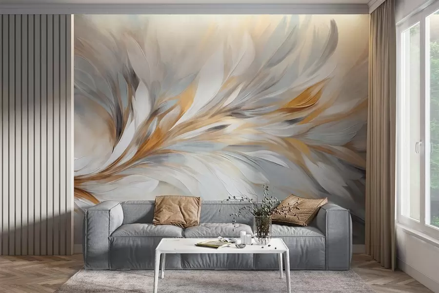 wall murals Апстрактни стил сликања са белим, жутим и сивим текстурираним потезима четкице са меком, светлом позадином w09552