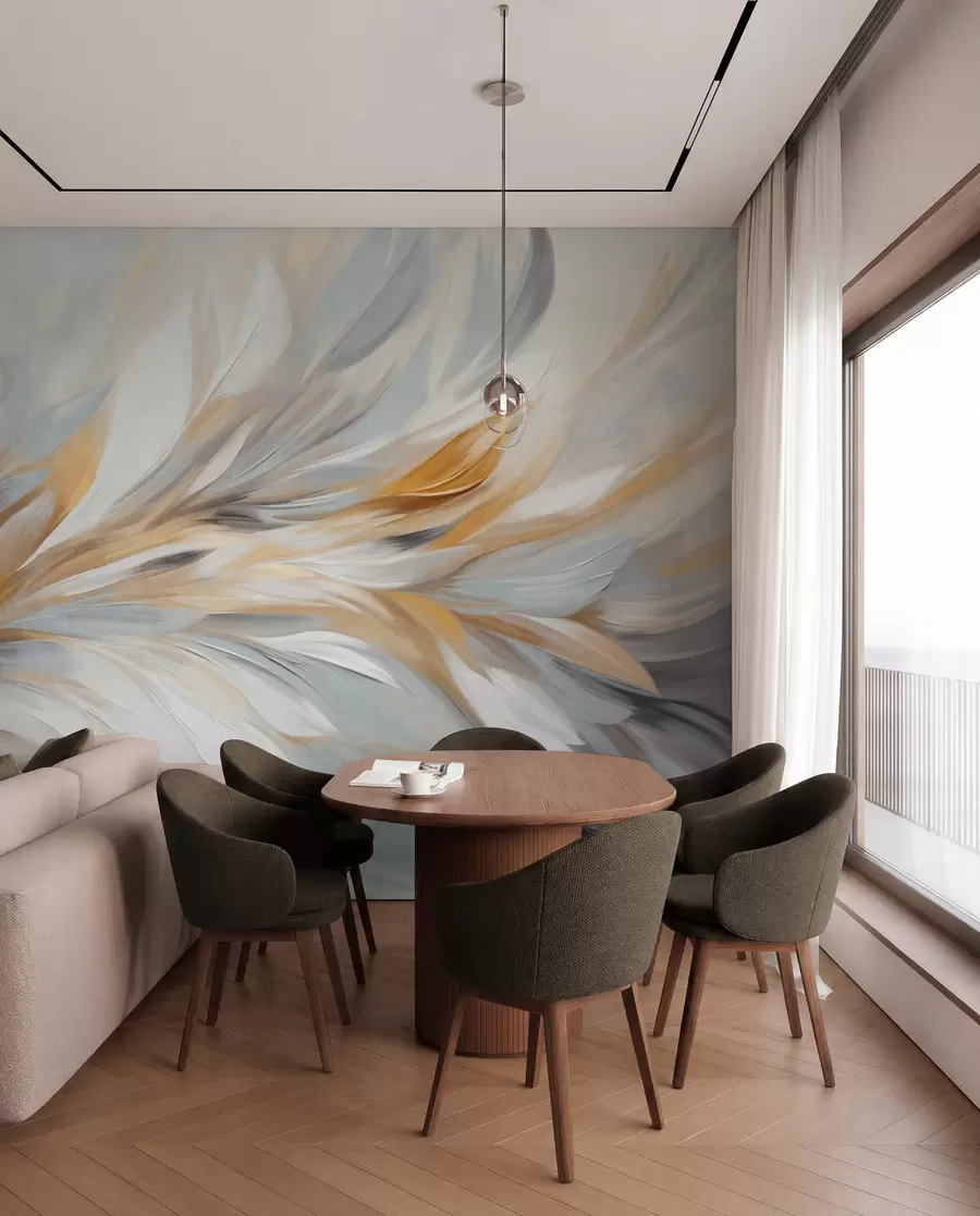 wall murals Апстрактни стил сликања са белим, жутим и сивим текстурираним потезима четкице са меком, светлом позадином w09552