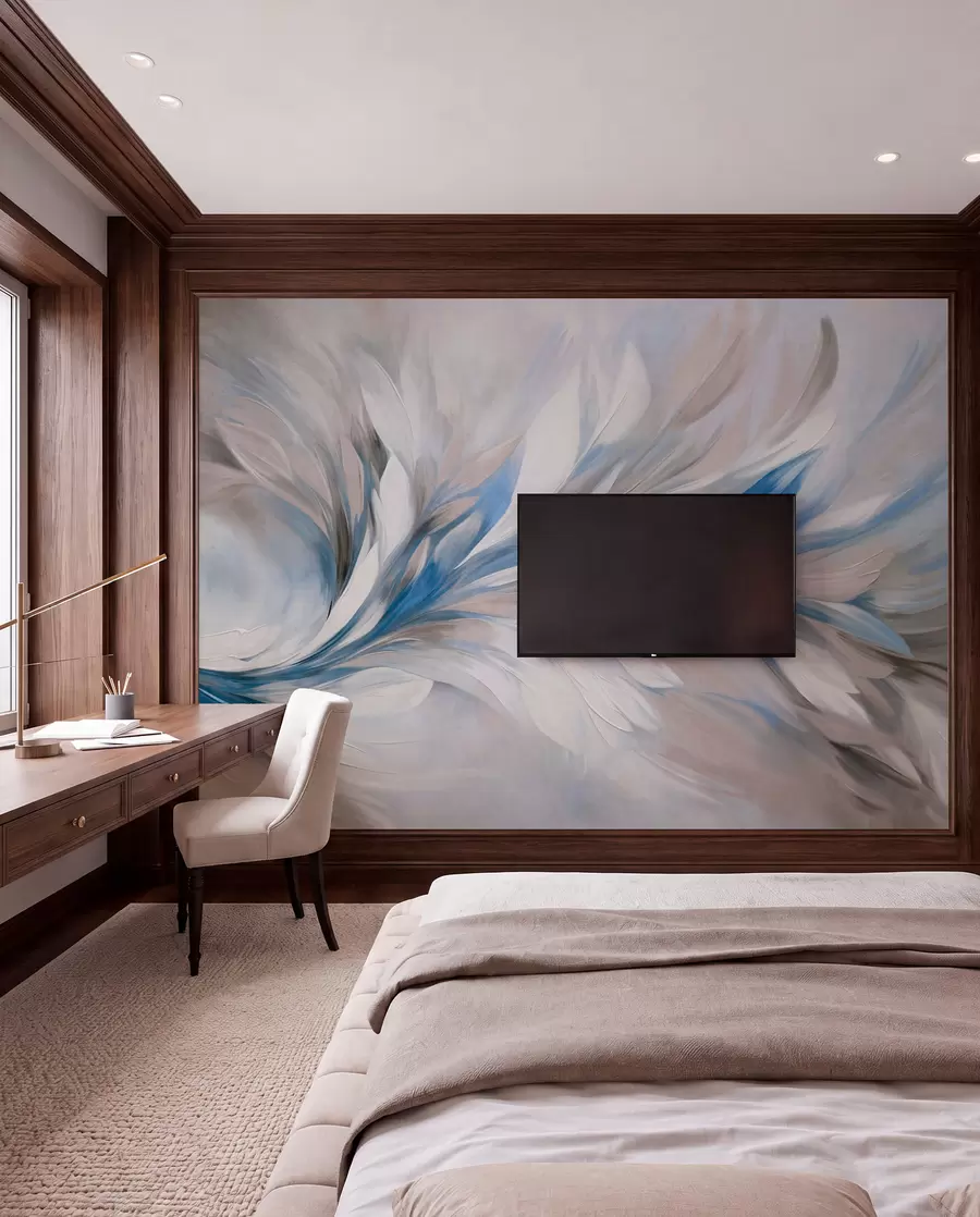 wall murals Апстрактни стил сликања са белим, плавим и сивим текстурираним потезима четкице са меком, светлом позадином w09552v1