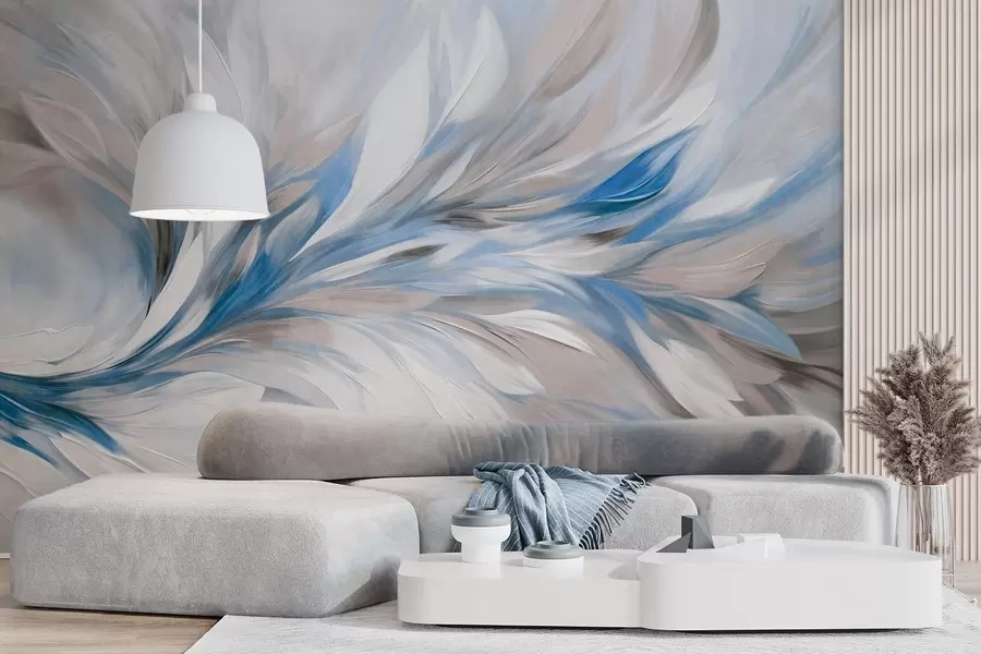 wall murals Апстрактни стил сликања са белим, плавим и сивим текстурираним потезима четкице са меком, светлом позадином w09552v1