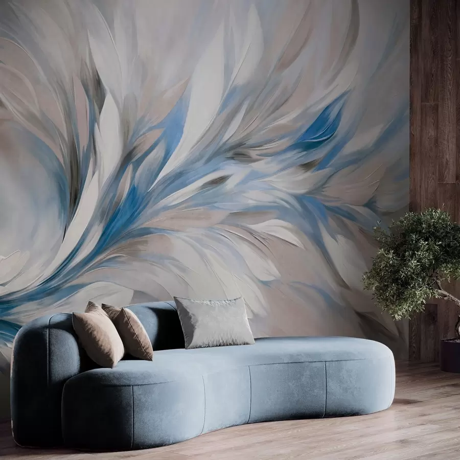 wall murals Апстрактни стил сликања са белим, плавим и сивим текстурираним потезима четкице са меком, светлом позадином w09552v1