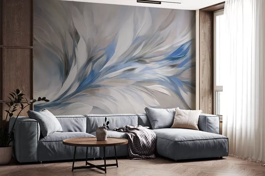 wall murals Апстрактни стил сликања са белим, плавим и сивим текстурираним потезима четкице са меком, светлом позадином w09552v1