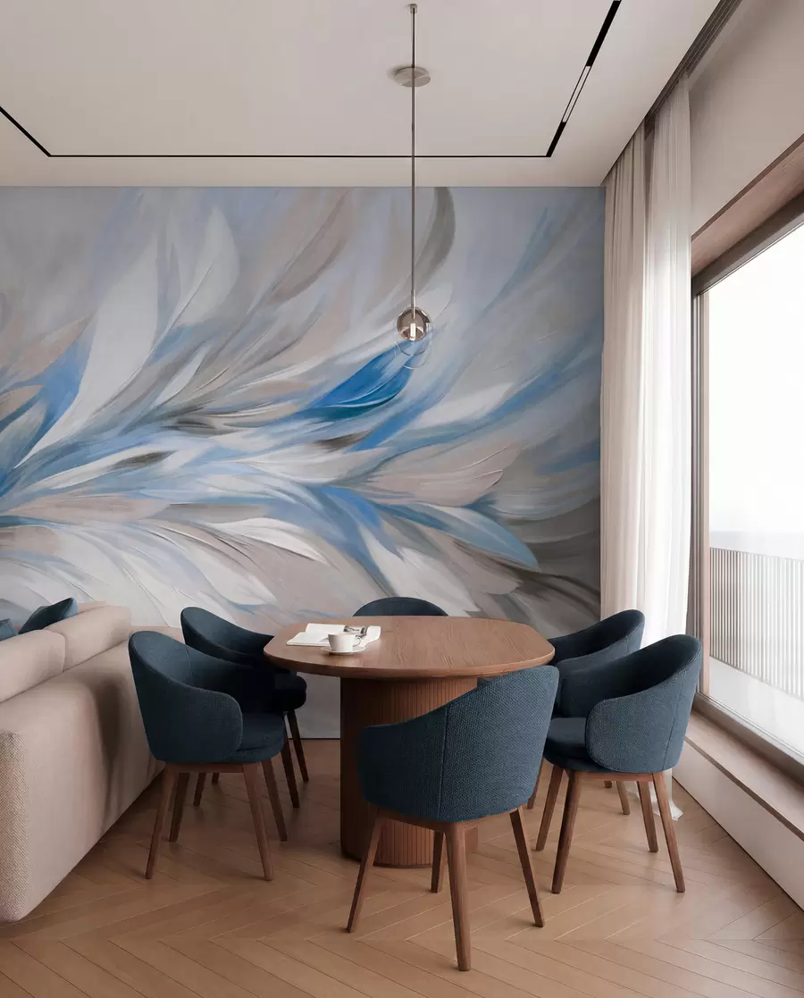 wall murals Апстрактни стил сликања са белим, плавим и сивим текстурираним потезима четкице са меком, светлом позадином w09552v1
