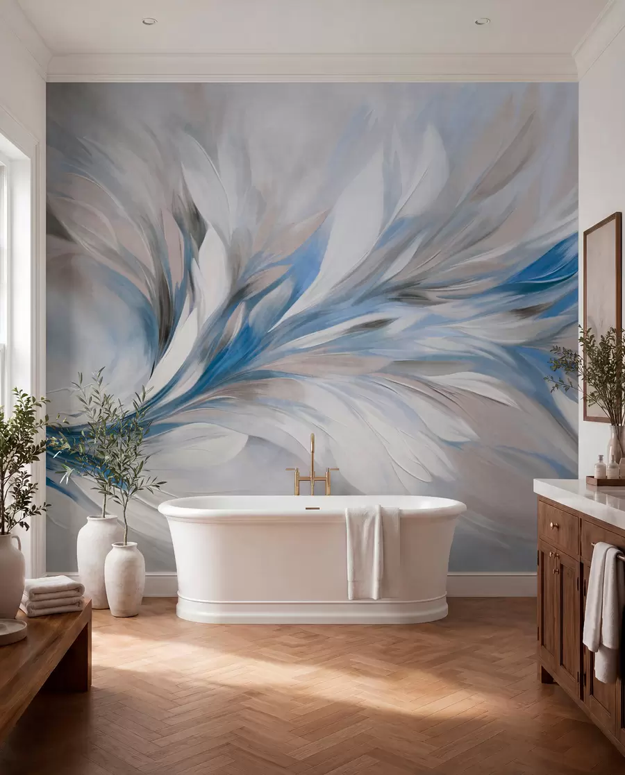 wall murals Апстрактни стил сликања са белим, плавим и сивим текстурираним потезима четкице са меком, светлом позадином w09552v1