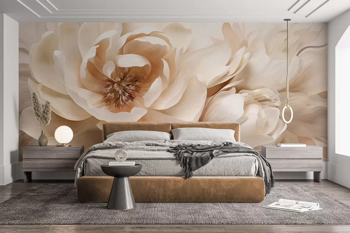wall murals Кремасти текстурирани божури са смеђим средиштем и листовима на замућеној светлој апстрактној позадини w09554
