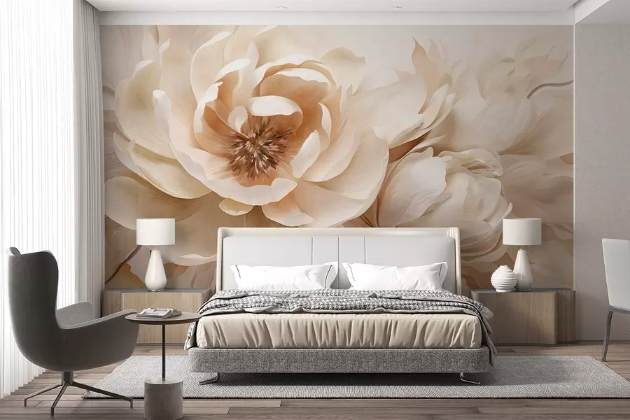 wall murals Кремасти текстурирани божури са смеђим средиштем и листовима на замућеној светлој апстрактној позадини w09554