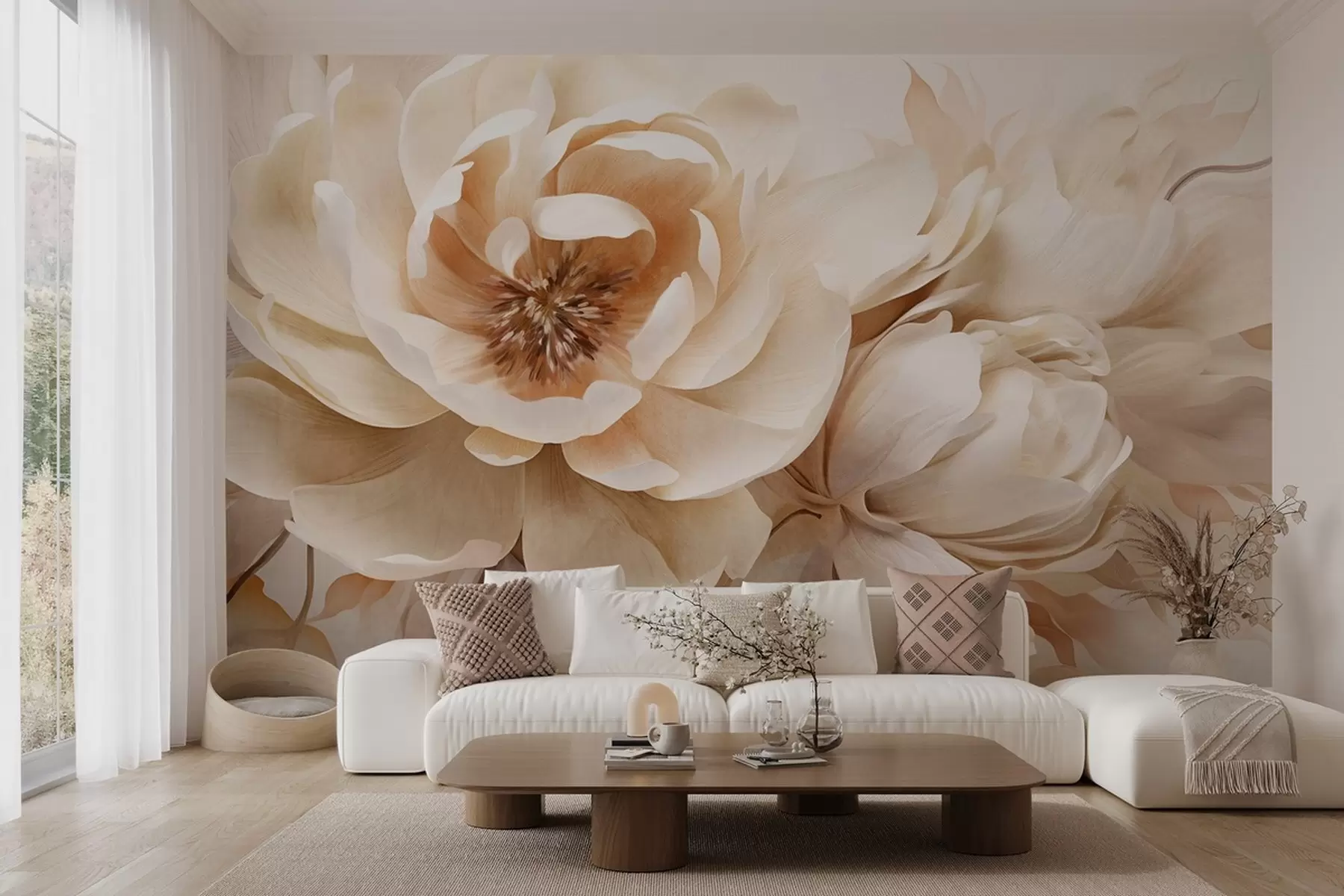 wall murals Кремасти текстурирани божури са смеђим средиштем и листовима на замућеној светлој апстрактној позадини w09554
