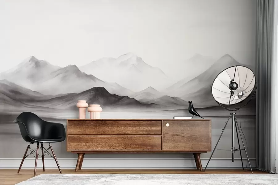 wall murals Монохроматски текстурирани пејзаж са магловитим планинама и језером у првом плану w09555