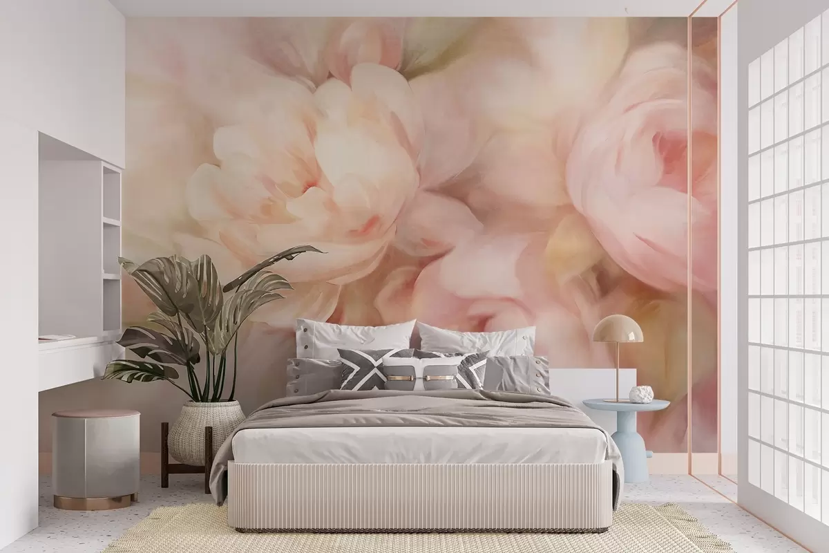 wall murals Бледо ружичасти и кремасти божури са нежном, сликарском имитацијом потеза четкицом, стварајући текстурирани цветни аранжман w09556