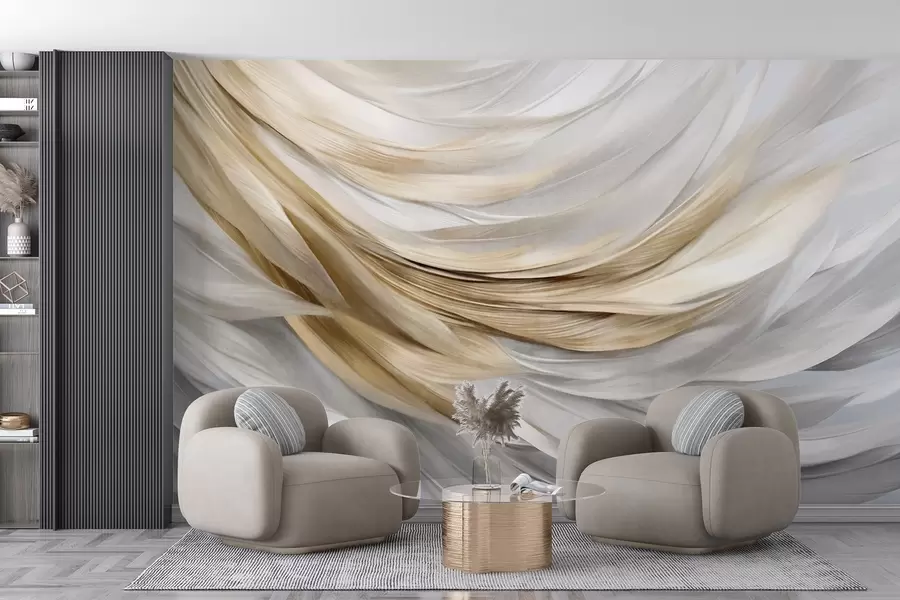 wall murals Апстрактно текстурирано бело, сиво и жуто перје, стварајући текући, слојевити узорак на светлој позадини w09557