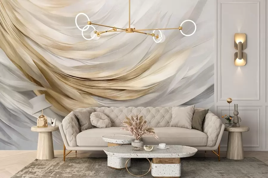 wall murals Апстрактно текстурирано бело, сиво и жуто перје, стварајући текући, слојевити узорак на светлој позадини w09557