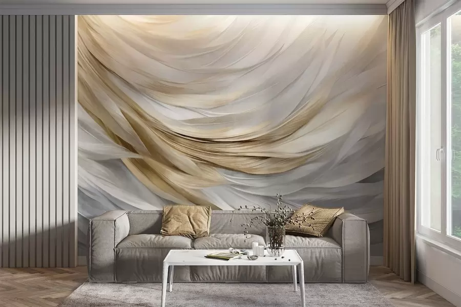 wall murals Апстрактно текстурирано бело, сиво и жуто перје, стварајући текући, слојевити узорак на светлој позадини w09557