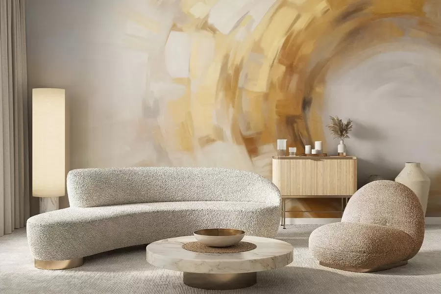 wall murals Имитација апстрактног сликарства са кружним текстурираним потезима четкице у жутој и белој боји, стварајући осећај кретања w09558