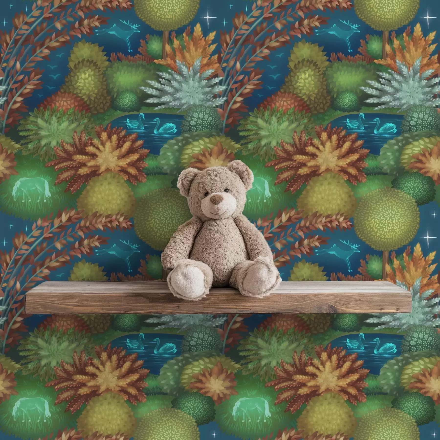 wall murals Бајковита ноћна башта са језером и светлећим животињама a00851