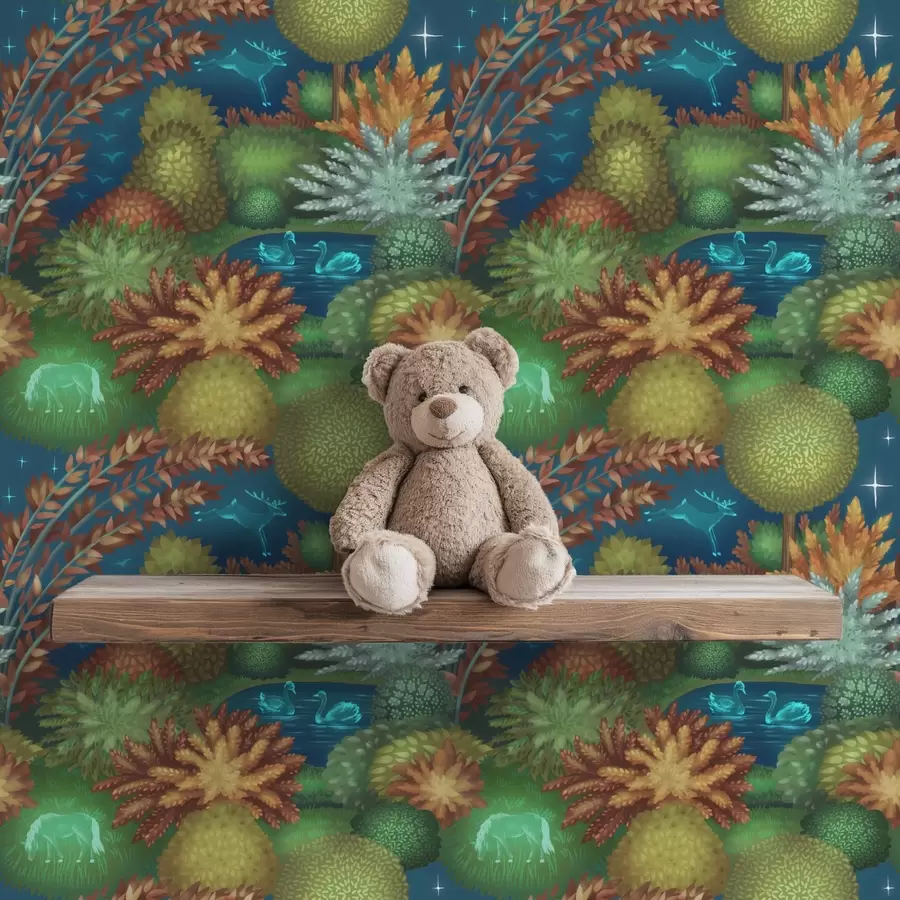 wall murals Бајковита ноћна башта са језером и светлећим животињама a00851