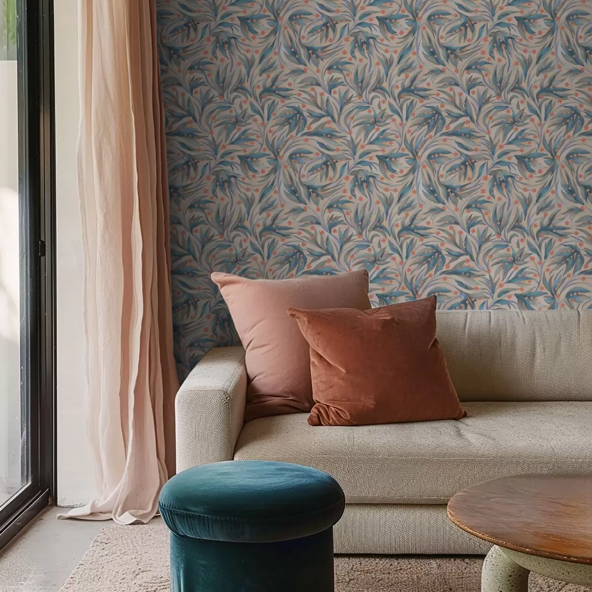 Позадина Апстрактно плаво лишће са коралним цветовима a00852