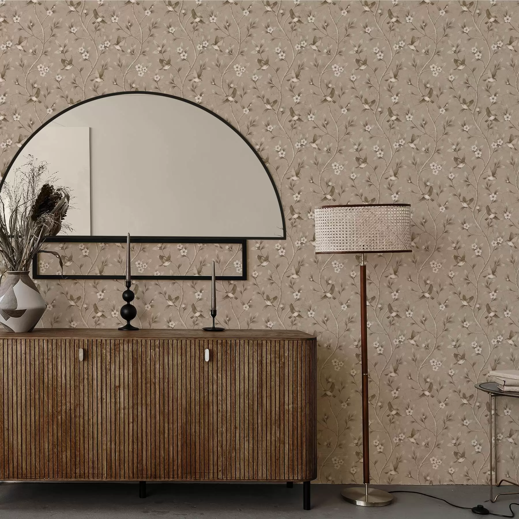 wall murals Птице и цветајуће гране у топлим сепија тоновима a00882