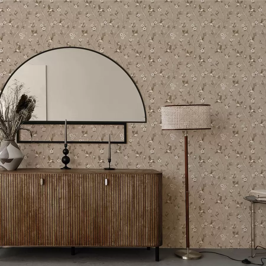 wall murals Птице и цветајуће гране у топлим сепија тоновима a00882