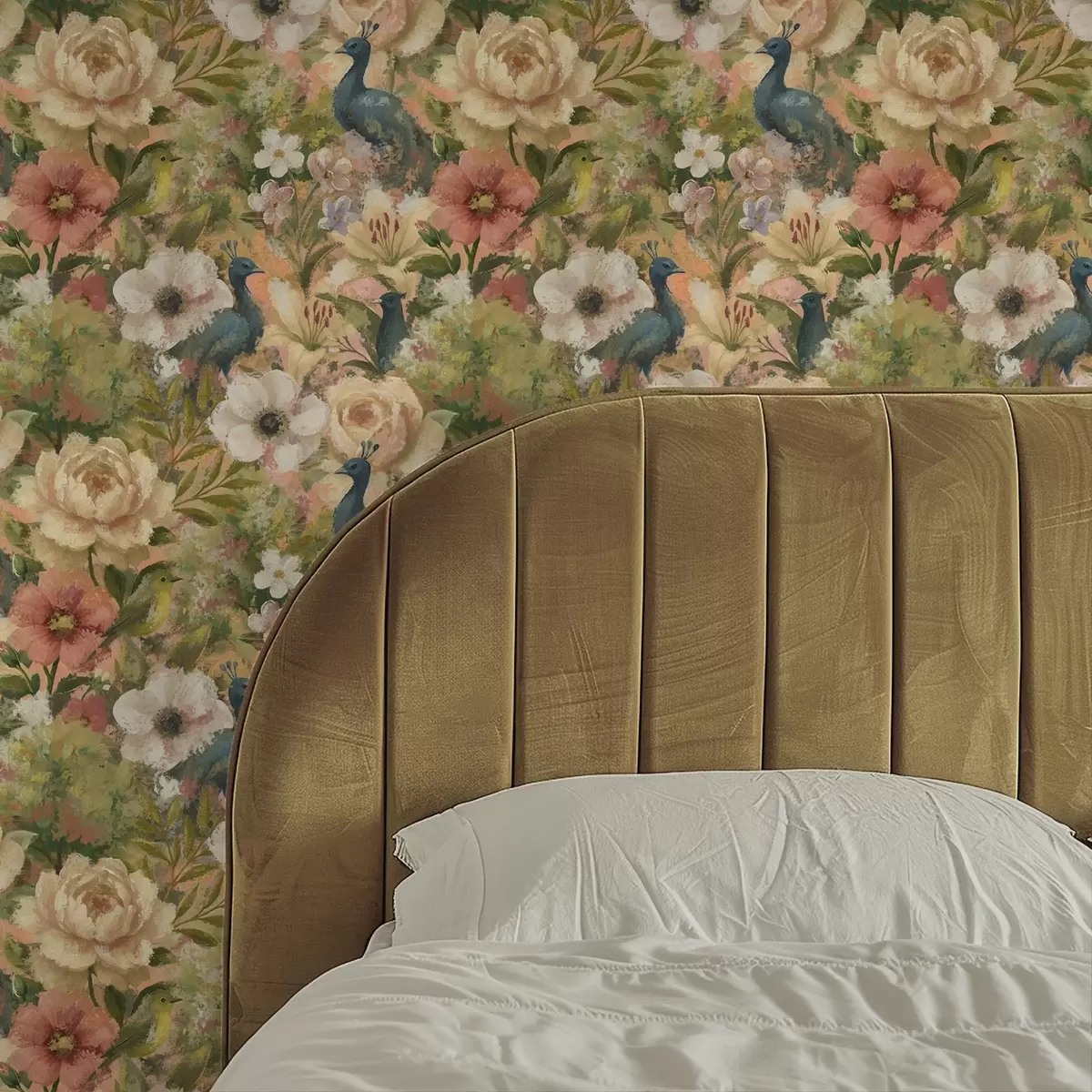 Позадина Сликовита башта са пауновима и великим цвећем a00885