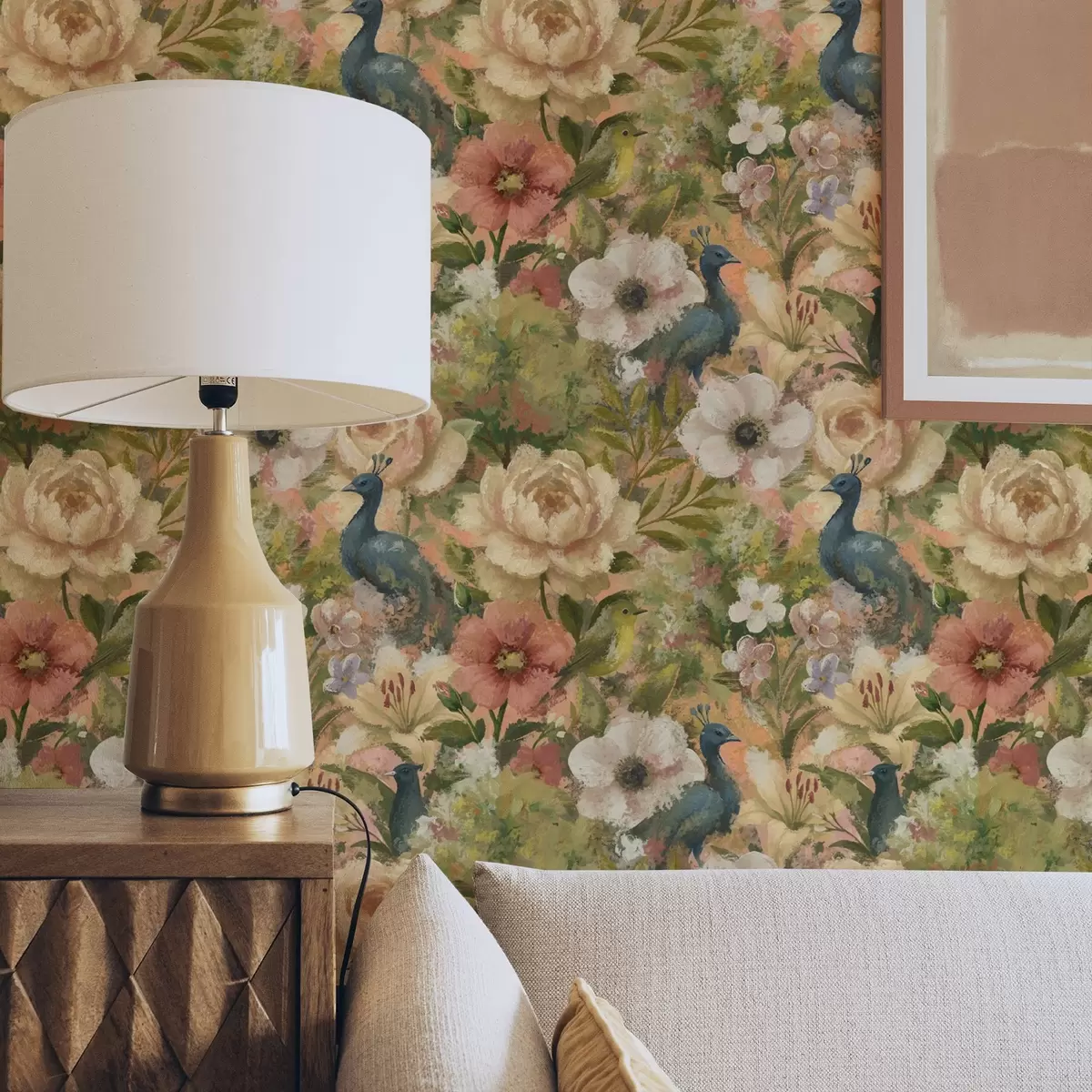 Позадина Сликовита башта са пауновима и великим цвећем a00885