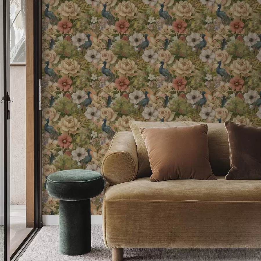 wall murals Сликовита башта са пауновима и великим цвећем a00885