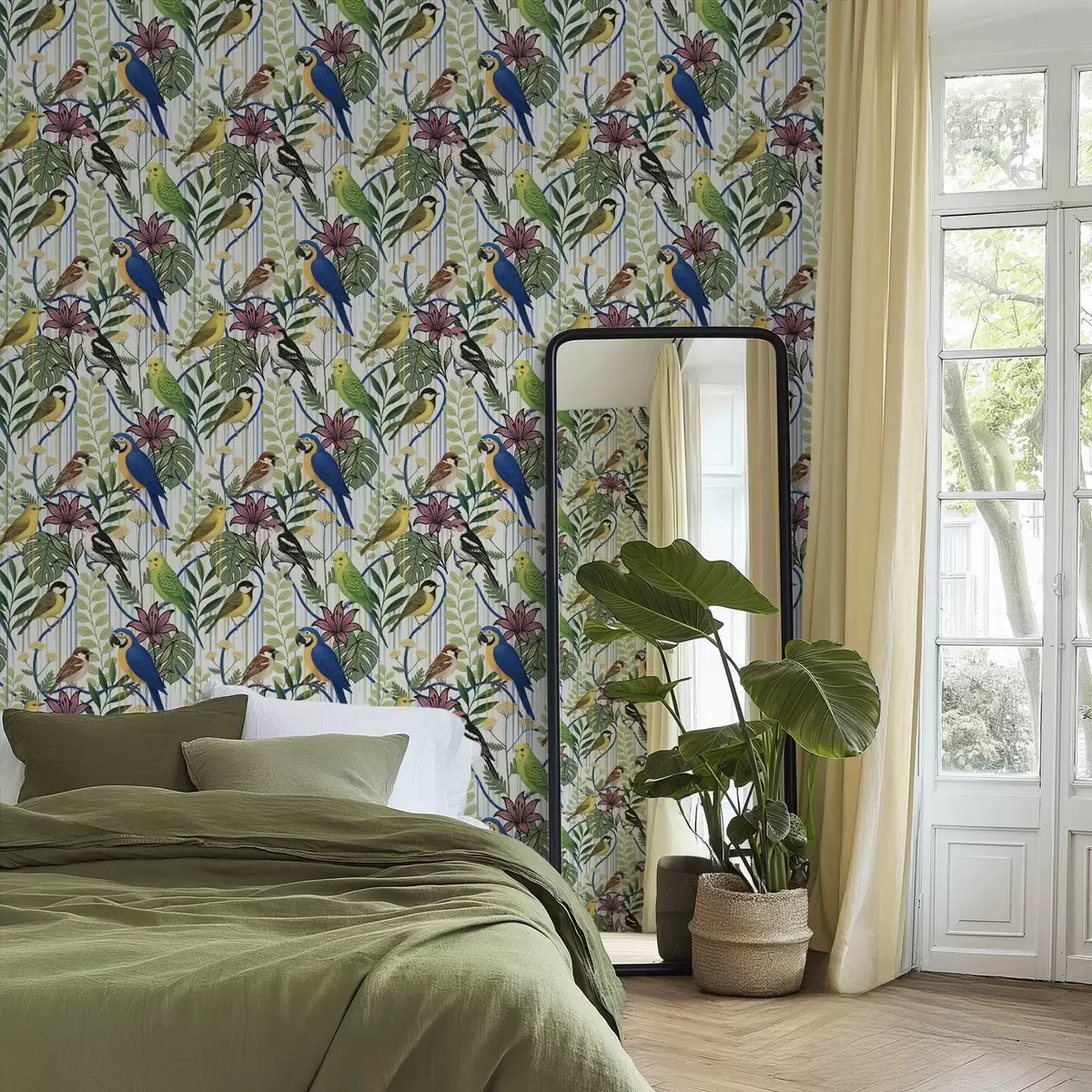 Позадина Светле егзотичне птице међу тропским зеленилом a00887