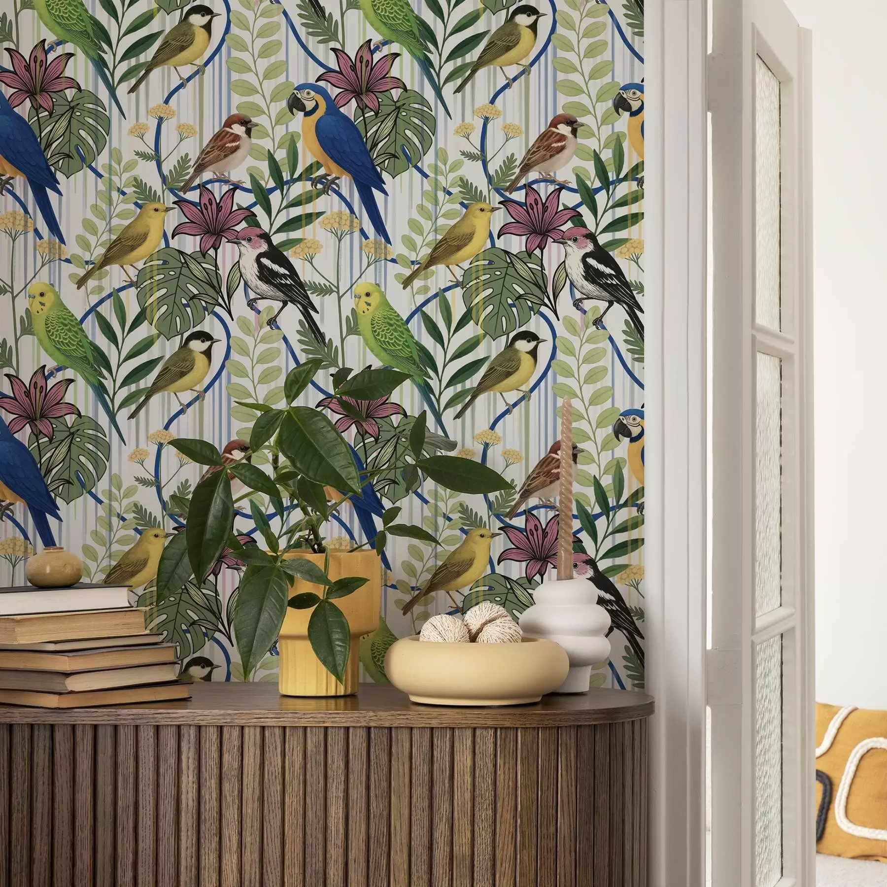 wall murals Светле егзотичне птице међу тропским зеленилом a00887