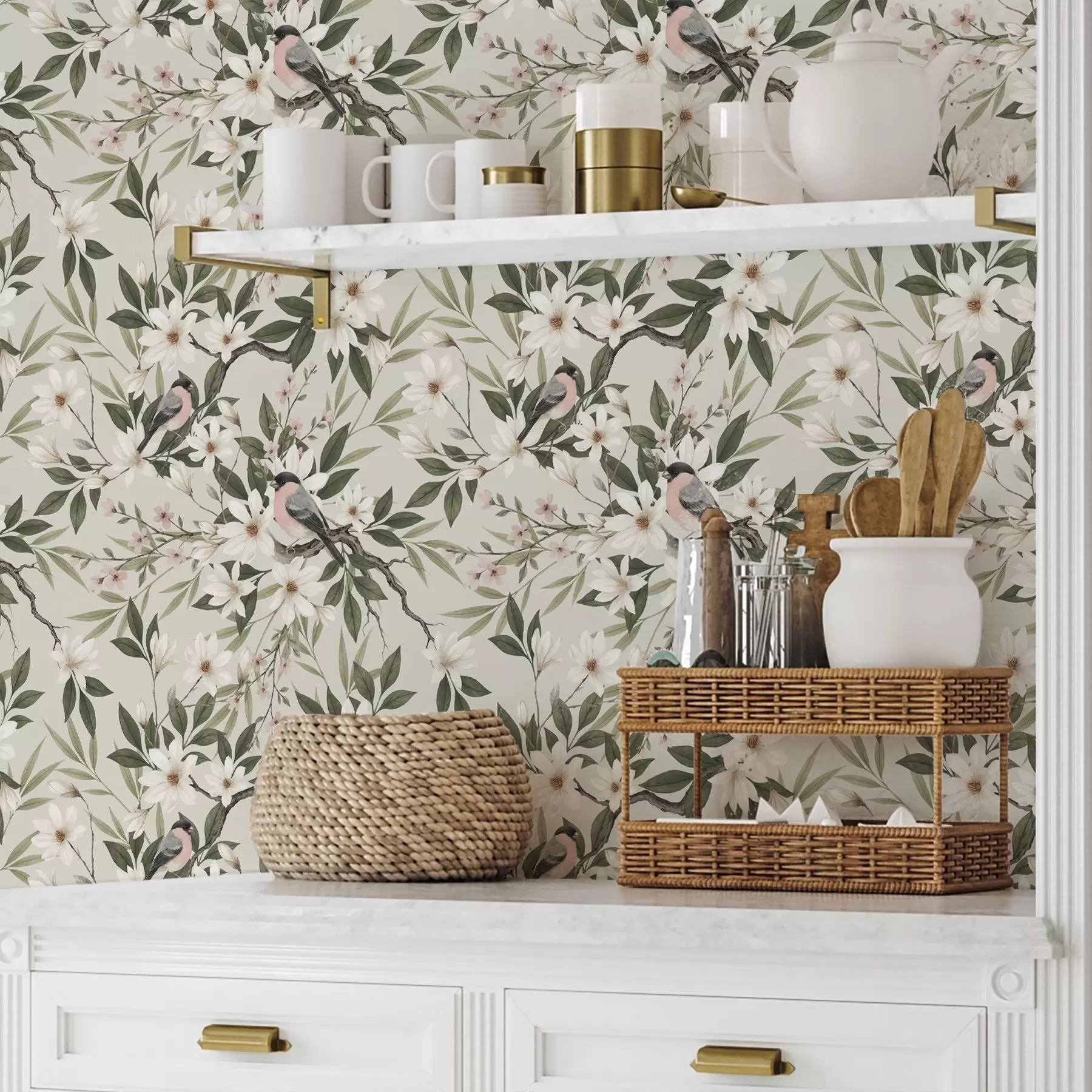 wall murals Зебе са белим грудима на гранама са кремастим цветовима a00889