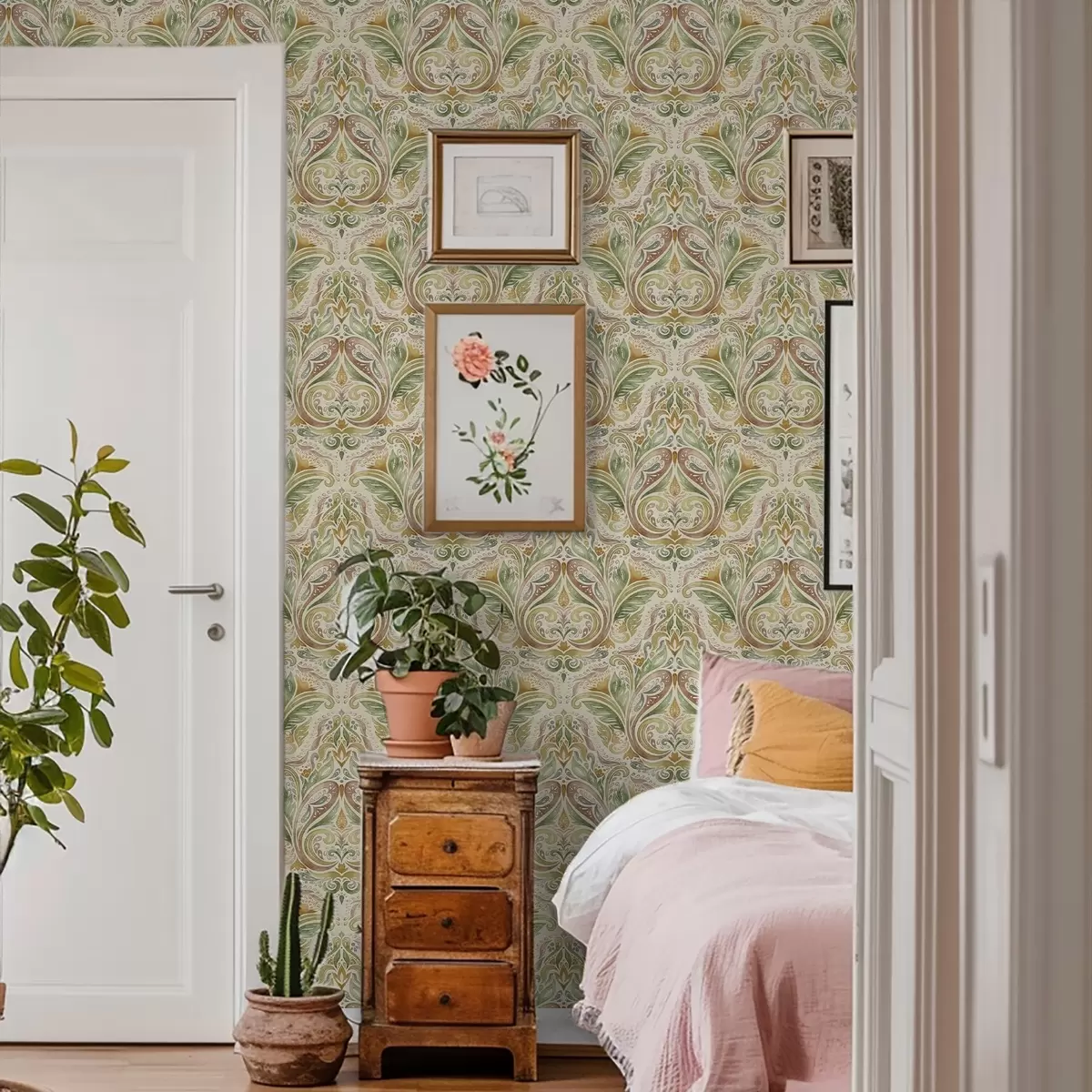 Позадина Акварелни лиснати вртлози у зеленим и топлим окер тоновима a00927