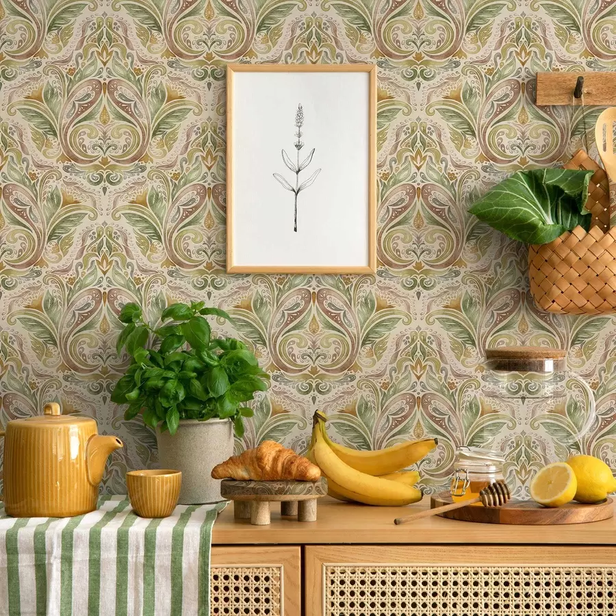 wall murals Акварелни лиснати вртлози у зеленим и топлим окер тоновима a00927